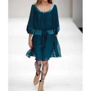 Eley Kishimoto Dress Women Size 4 Teal Blue Silk Sheer Lined Elastic Waist